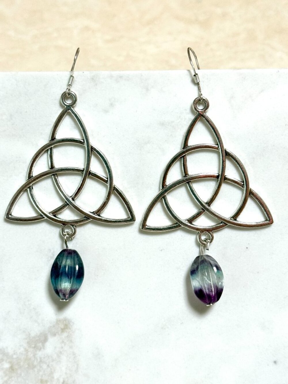2/$20, Rainbow Fluorite Celtic Trinity Earrings, Gemstone & 925 Silver Hooks